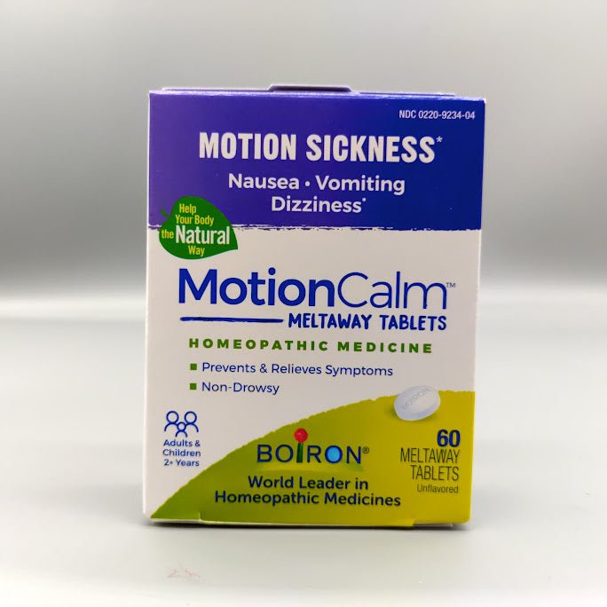 Caja de MotionCalm Boiron con 60 tabletas para el mareo por movimiento