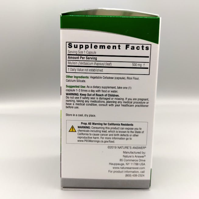 Mullein Leaf -- 500 mg - 90 Cápsulas Vegetarianas de Nature's Answer — etiqueta con los ingredientes