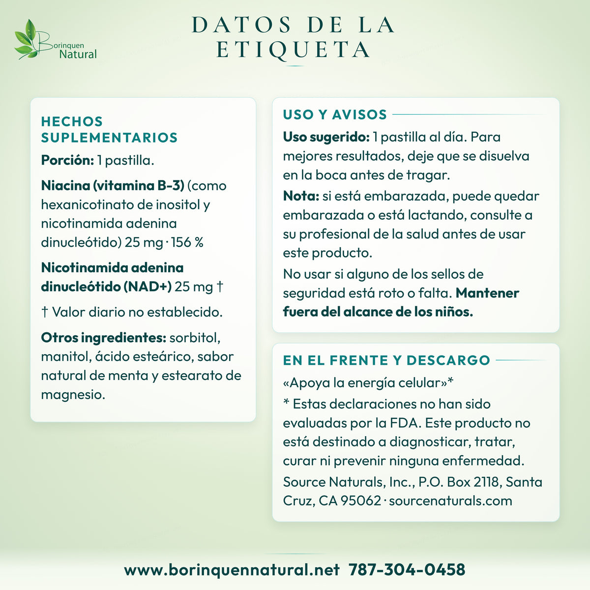 Datos de la etiqueta del NAD+ de Source Naturals: hechos suplementarios, uso, avisos y descargo FDA