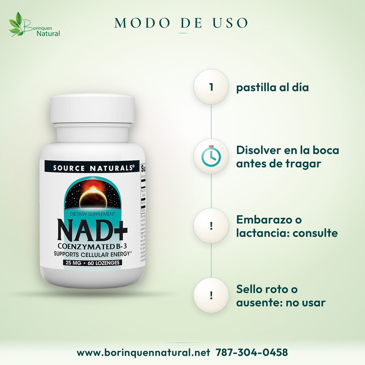 Modo de uso del NAD+ de Source Naturals: 1 pastilla al día, dejar que se disuelva en la boca