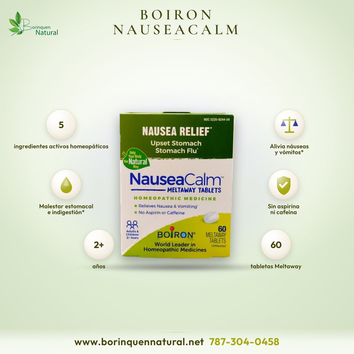 NauseaCalm de Boiron, tabletas homeopáticas Meltaway para náuseas y vómitos por malestar estomacal, caja de 60