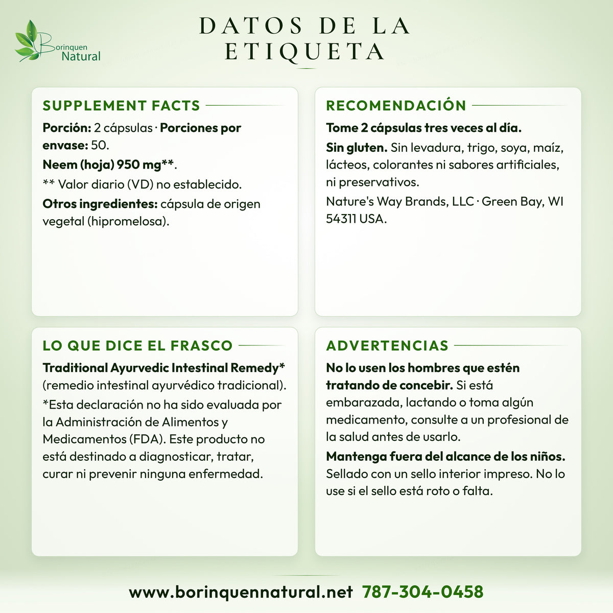 Datos de la etiqueta de Neem Leaf Nature's Way: Supplement Facts, recomendación, advertencias y lo que no contiene