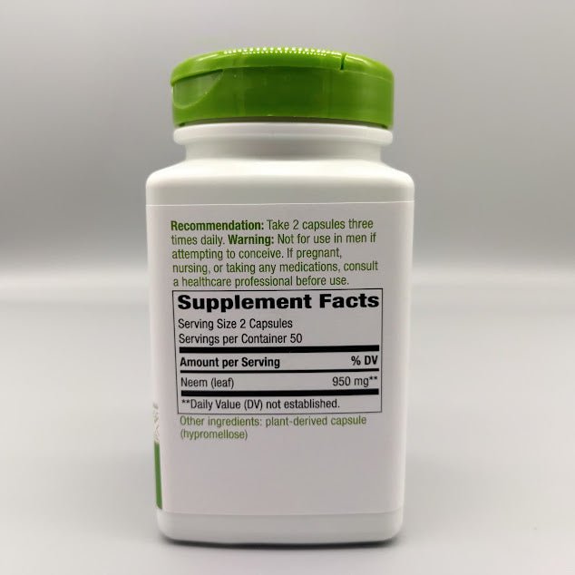 Neem Leaf 950mg - 100 Cápsulas Vegetarianas - Nature's Way — etiqueta con los ingredientes (foto de archivo)