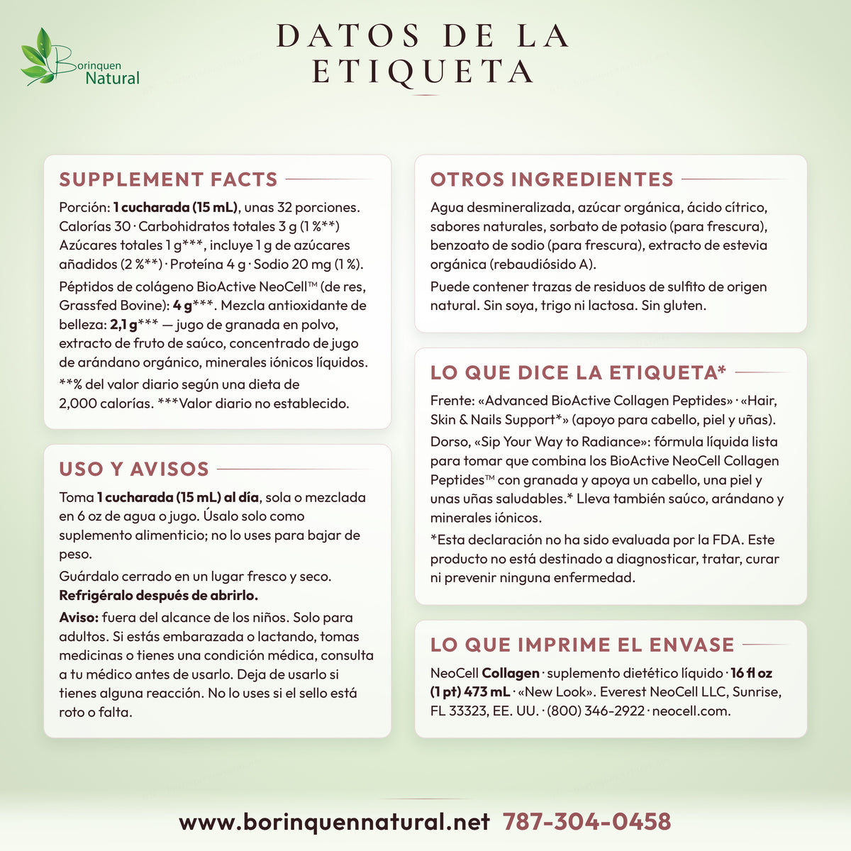 Datos de la etiqueta del colágeno líquido NeoCell sabor granada: tabla, ingredientes, uso, avisos y descargo
