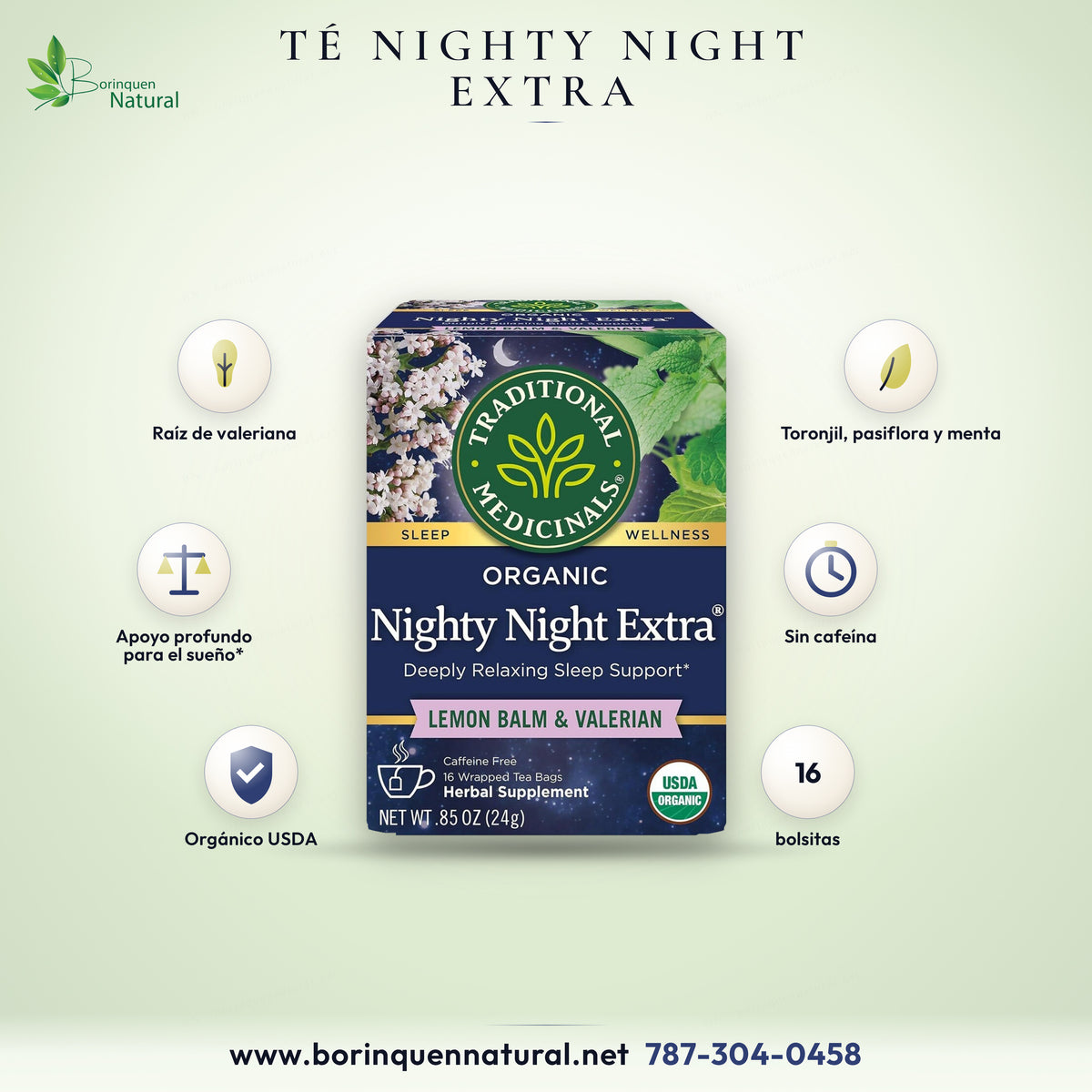 Té orgánico Nighty Night Extra de Traditional Medicinals con toronjil y valeriana, sin cafeína, 16 bolsitas
