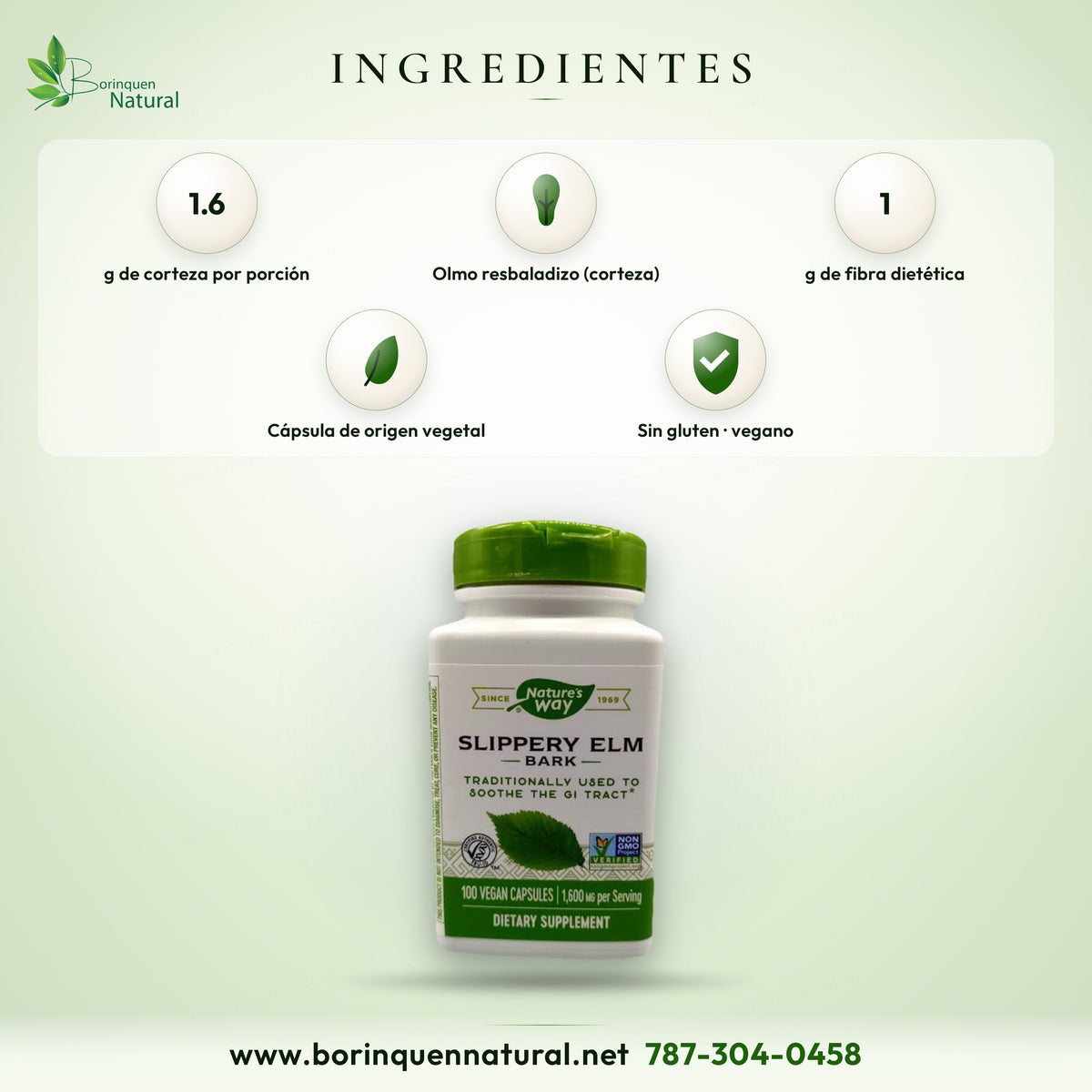 Ingredientes del olmo resbaladizo de Nature's Way: 1,6 g de corteza de olmo resbaladizo por porción de 4 cápsulas veganas