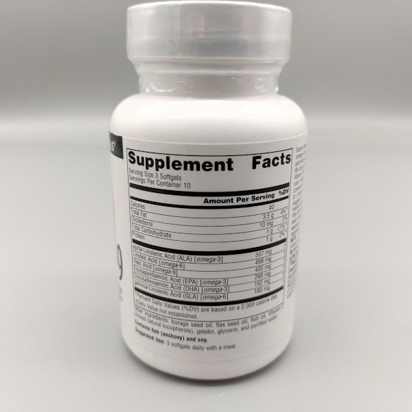 Frasco de Omega 3-6-9 de Source Naturals con 30 softgels — etiqueta con los ingredientes