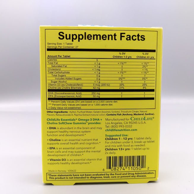 Omega-3 DHA + Choline SoftMelts 27 TABLETS en Puerto Rico de Childlife — vista posterior del envase