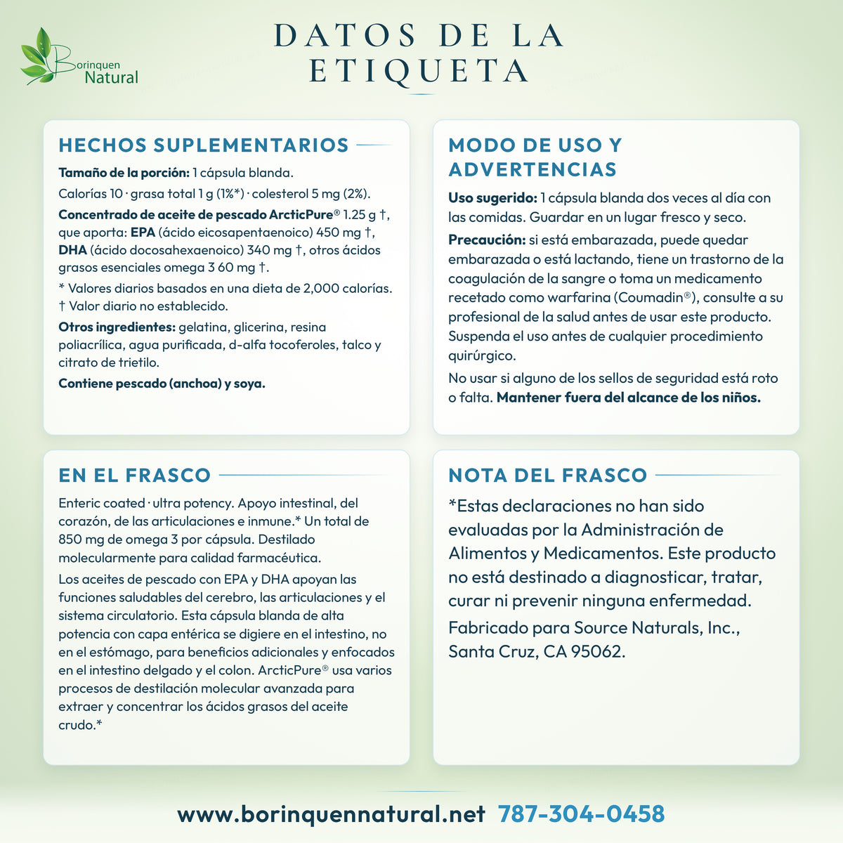 Datos de la etiqueta del Omega-3 ArcticPure de Source Naturals: hechos suplementarios, otros ingredientes, modo de uso, advertencias y lo que dice el frasco