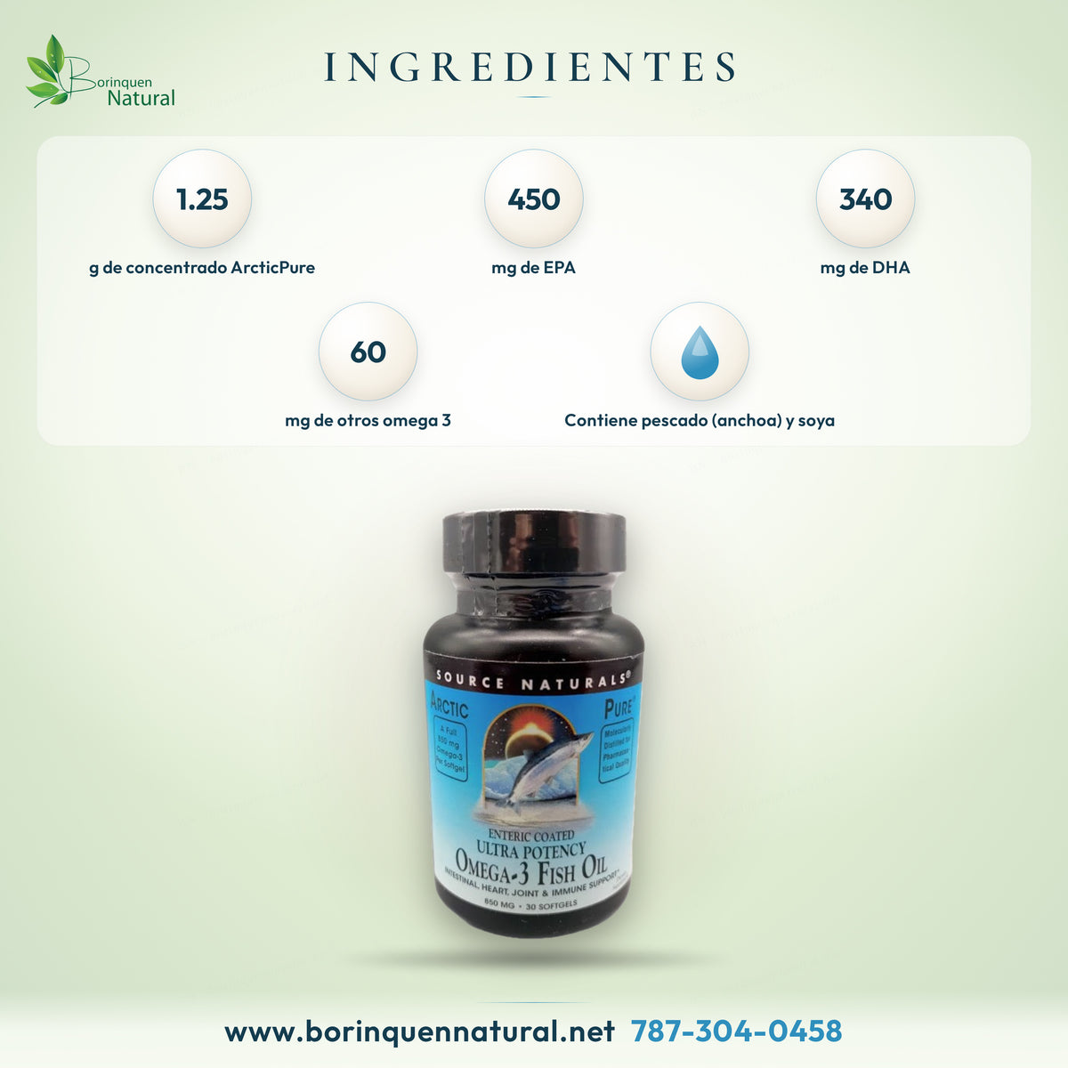 Ingredientes del Omega-3 ArcticPure de Source Naturals: 1.25 g de concentrado de aceite de pescado con 450 mg de EPA, 340 mg de DHA y 60 mg de otros omega 3
