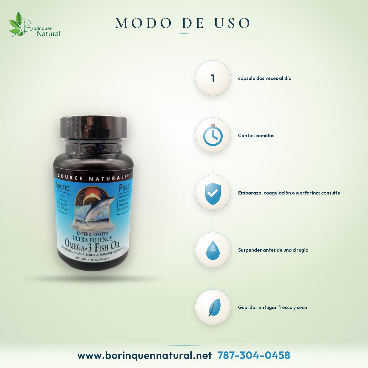 Modo de uso del Omega-3 ArcticPure de Source Naturals: 1 cápsula blanda dos veces al dÃa con las comidas