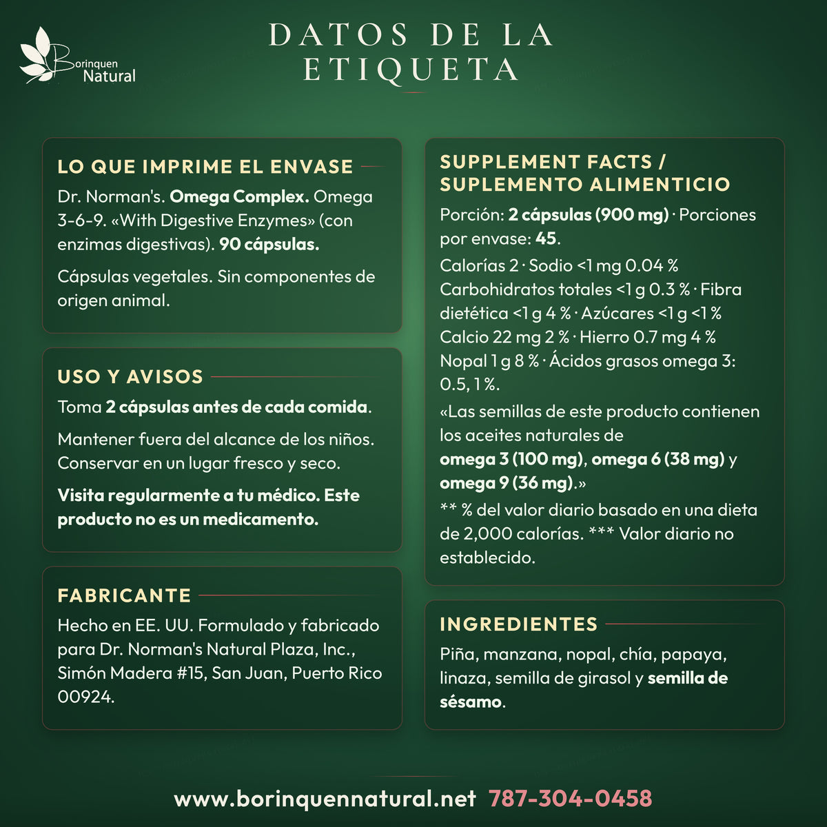 Datos de la etiqueta de Omega Complex: suplemento alimenticio, ingredientes, uso y avisos
