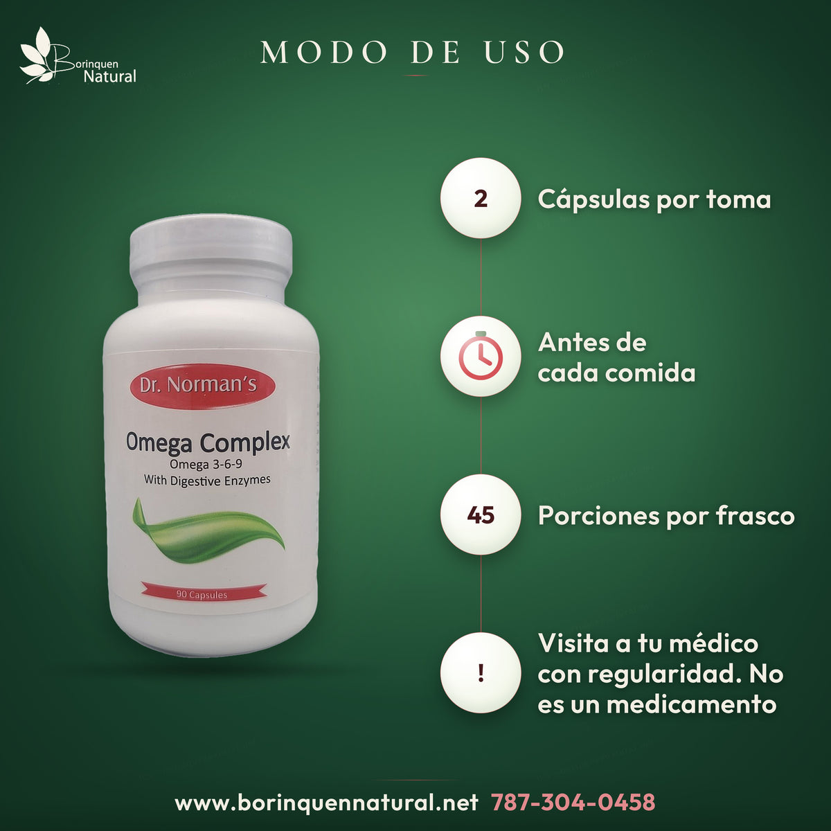 Modo de uso de Omega Complex: 2 cápsulas antes de cada comida; 45 porciones por frasco