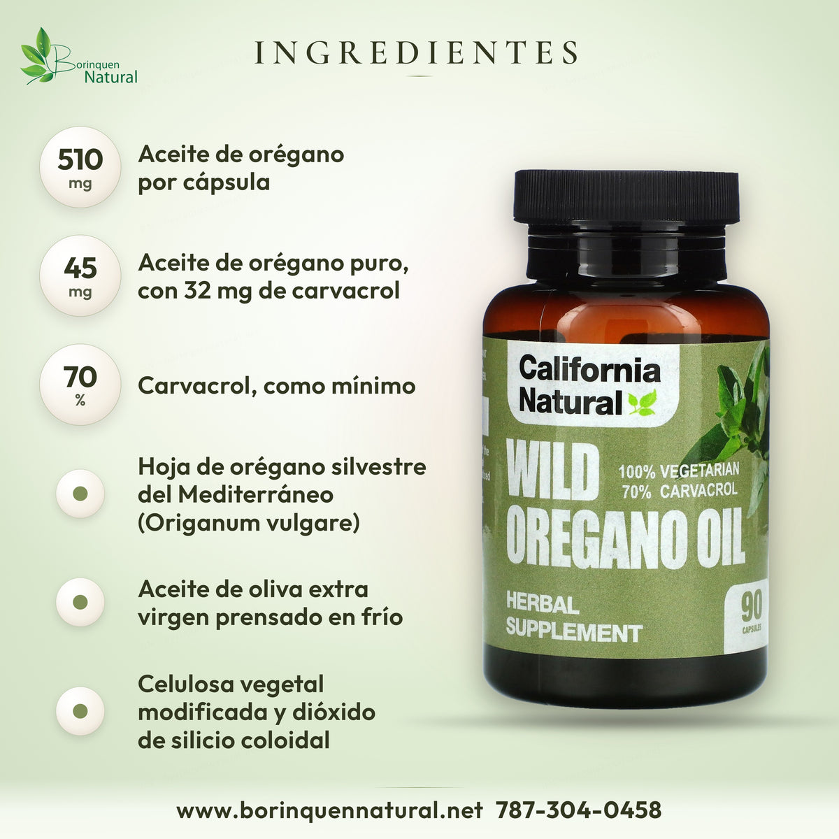 Ingredientes del aceite de orégano California Natural: 510 mg con 32 mg de carvacrol y aceite de oliva