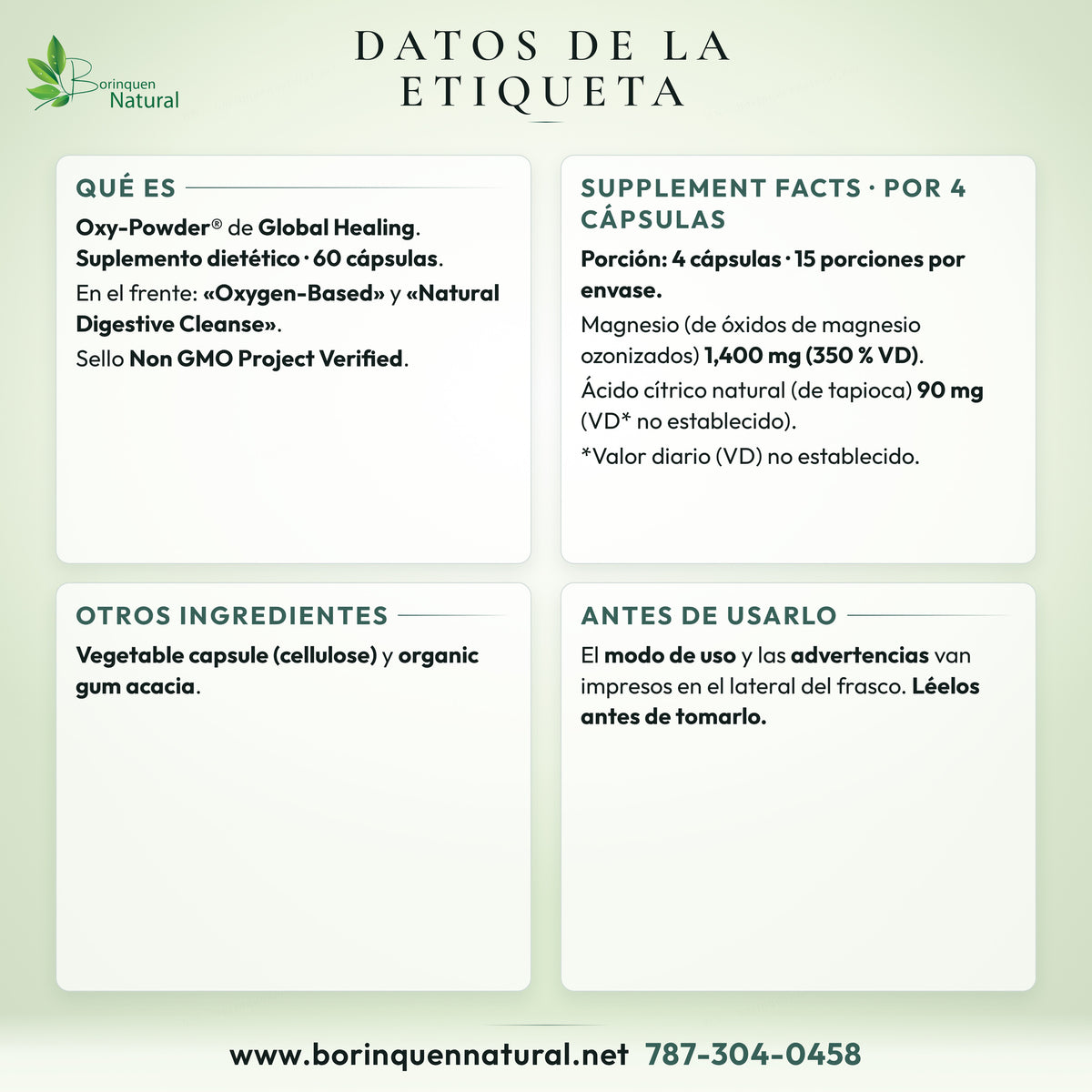 Datos de la etiqueta de Oxy-Powder de Global Healing: Supplement Facts, otros ingredientes y dónde leer el modo de uso
