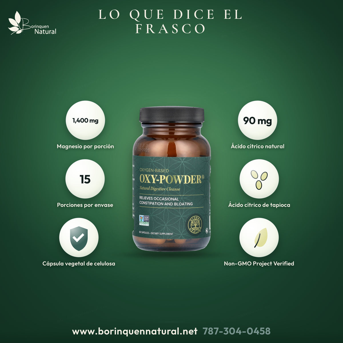 Oxy-Powder de Global Healing: 1,400 mg de magnesio y 90 mg de ácido cítrico natural por porción de 4 cápsulas, 15 porciones por frasco