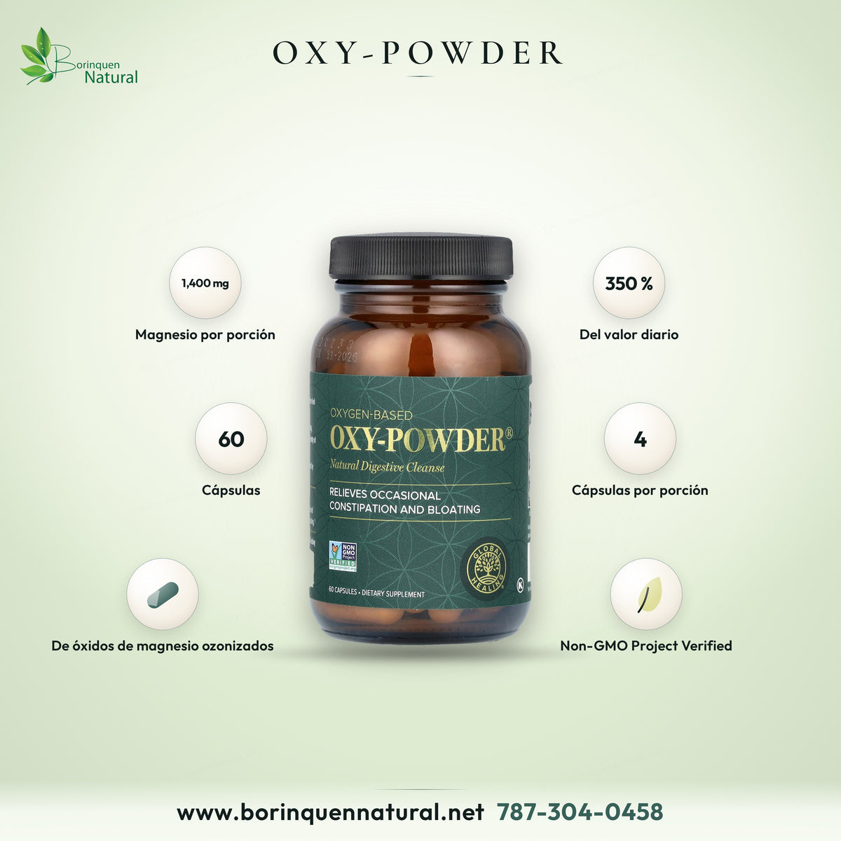 Oxy-Powder de Global Healing, magnesio de óxidos de magnesio ozonizados, frasco de 60 cápsulas