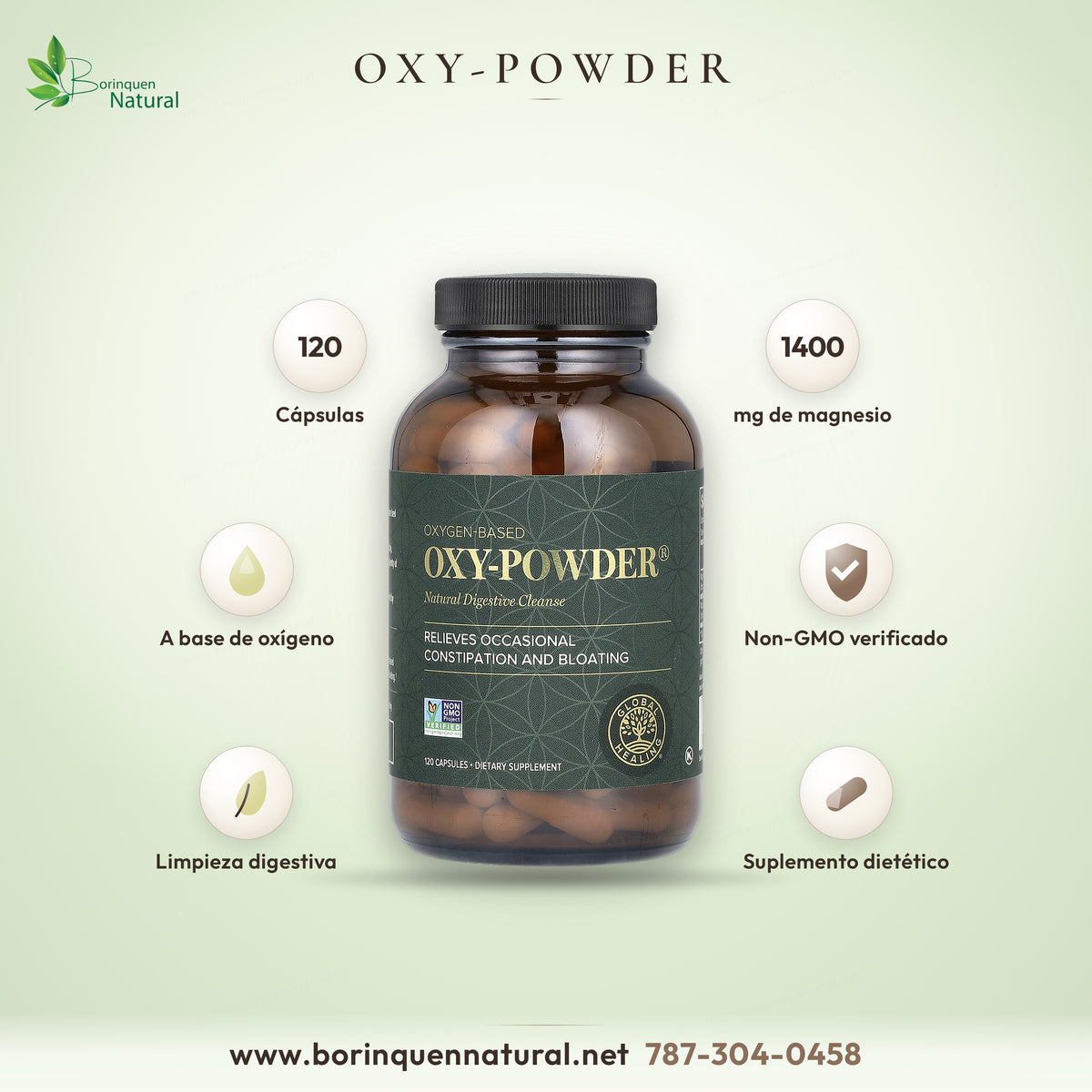 Oxy-Powder de Global Healing, limpiador digestivo natural a base de oxígeno, suplemento dietético de 120 (foto de archivo)