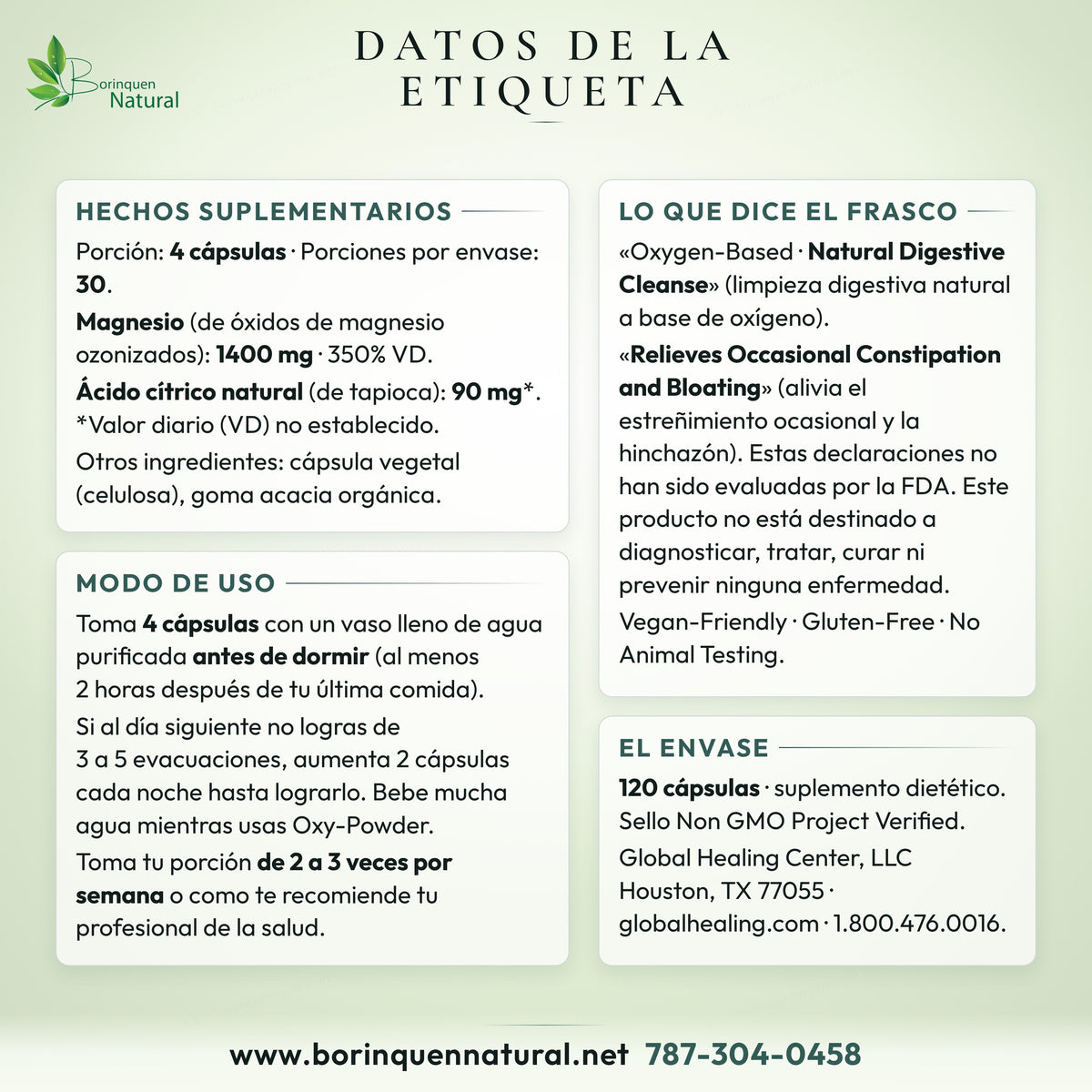Datos de la etiqueta de Oxy-Powder 120 cápsulas: Hechos suplementarios, modo de uso y frases del frasco