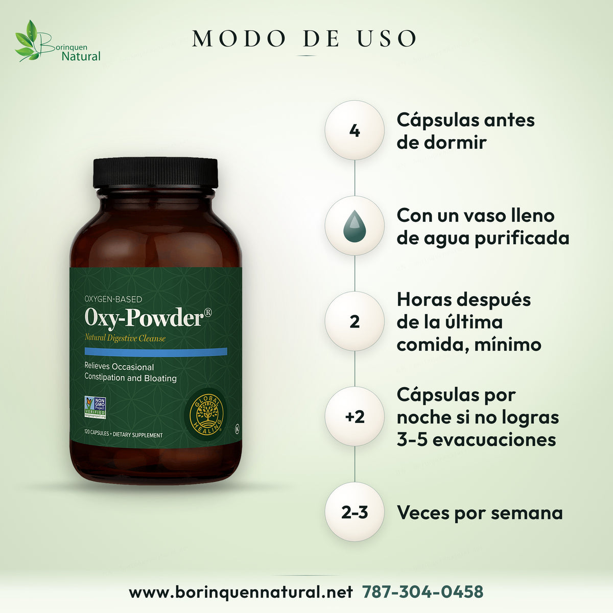 Modo de uso de Oxy-Powder: 4 cápsulas con agua antes de dormir, de 2 a 3 veces por semana