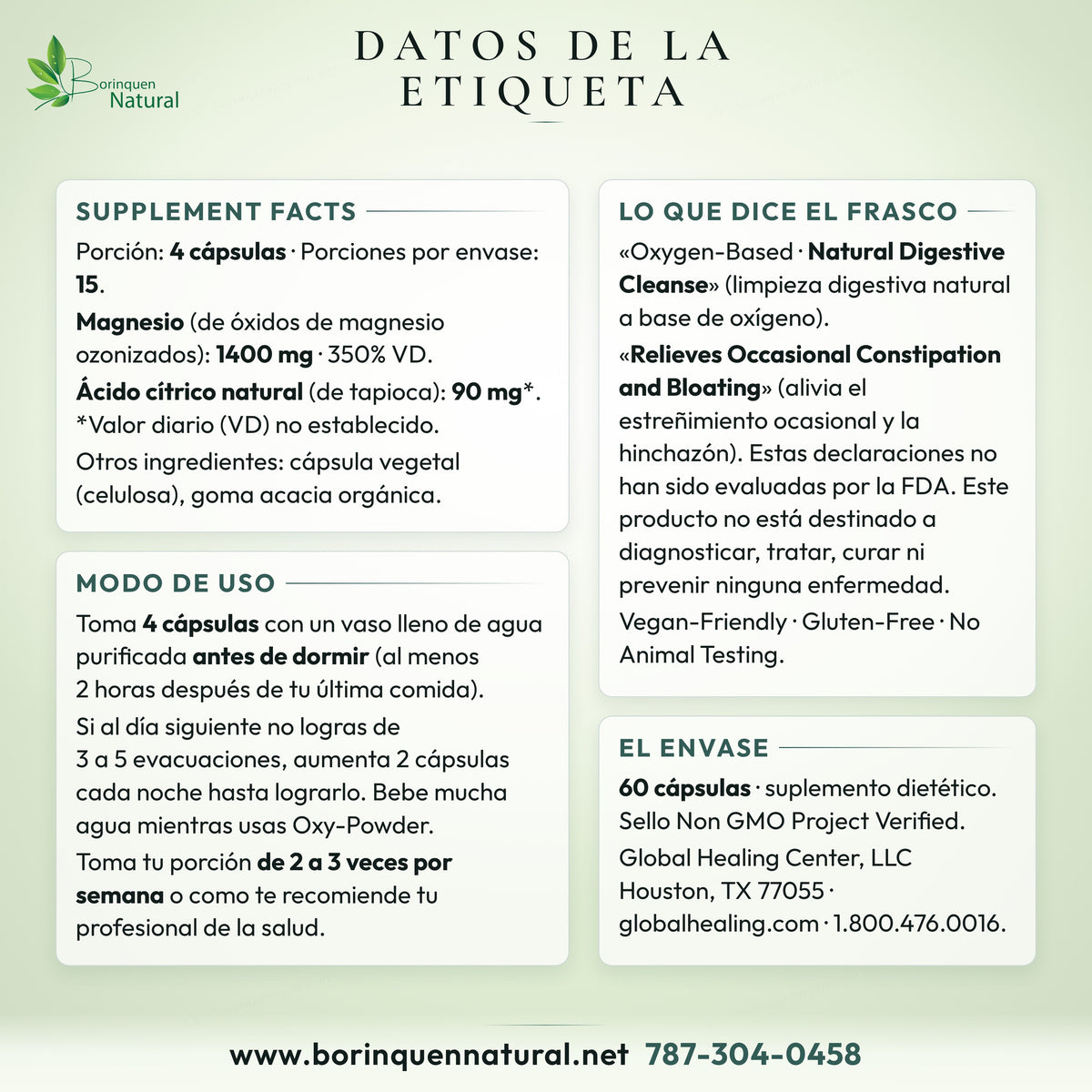 Datos de la etiqueta de Oxy-Powder 60 cápsulas: Supplement Facts, modo de uso y frases del frasco