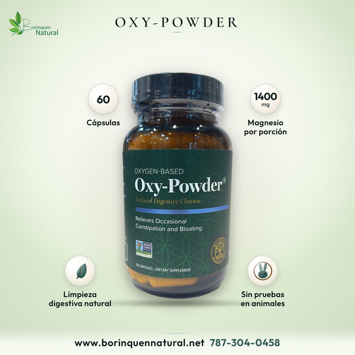 Oxy-Powder de Global Healing, 1400 mg de magnesio por porción, 60 cápsulas, limpieza digestiva natural