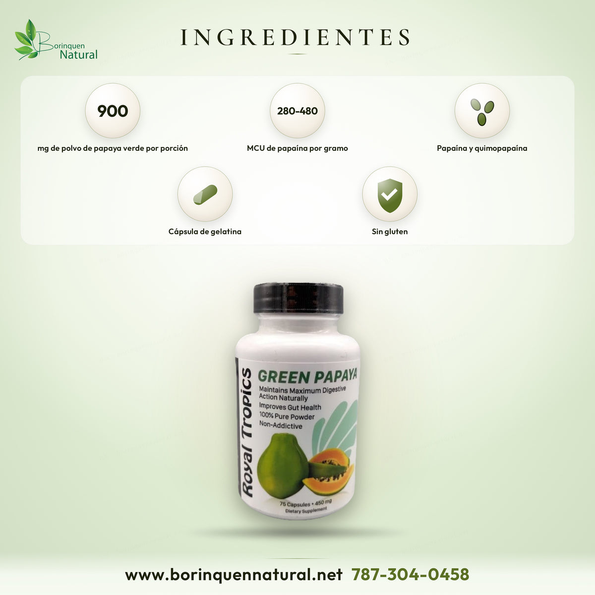 Ingredientes de la papaya verde de Royal Tropics: 900 mg de polvo de papaya verde, con papaína y quimopapaína