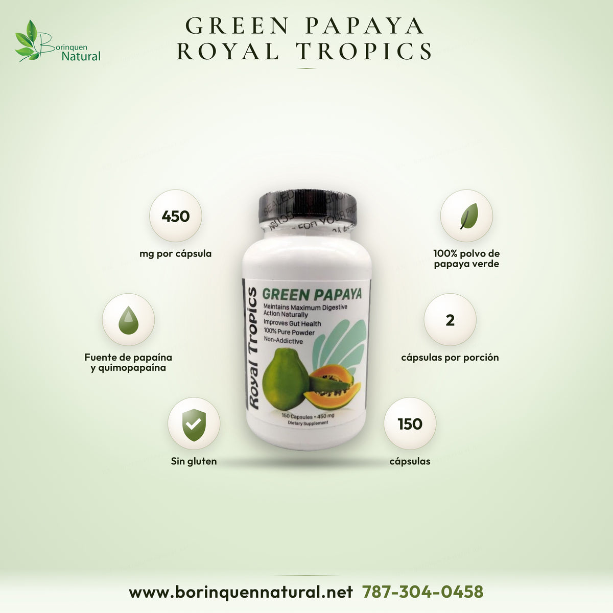 Green Papaya de Royal Tropics, polvo de papaya verde, 450 mg por cápsula, 150 cápsulas
