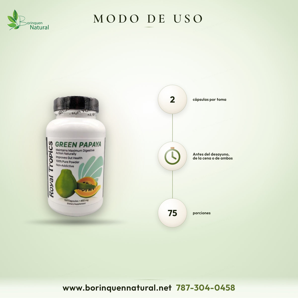 Modo de uso del Green Papaya de Royal Tropics: 2 cápsulas antes del desayuno, de la cena o de ambos