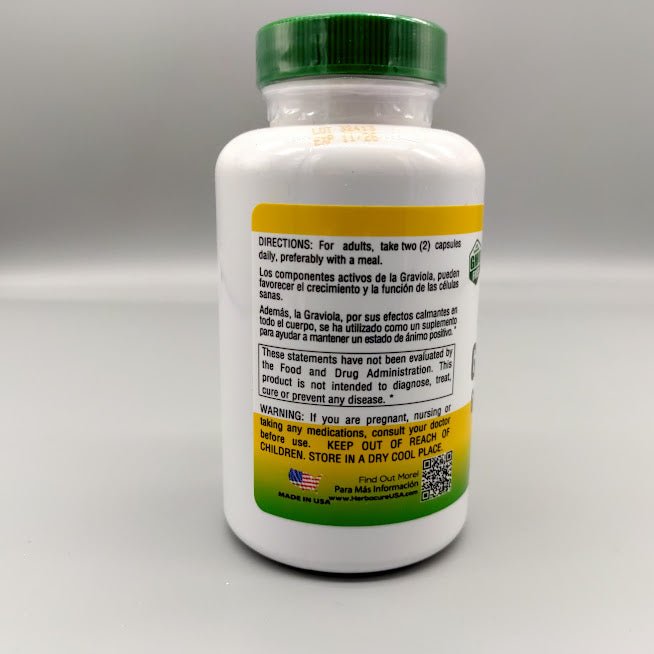Guanábana Graviola-Anamú Herbacure 500 mg 100 cápsulas — vista posterior del envase