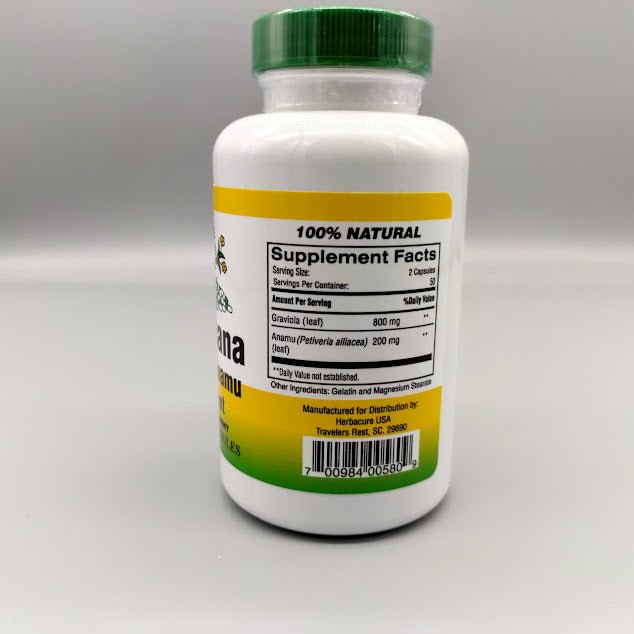 Guanábana Graviola-Anamú Herbacure 500 mg 100 cápsulas — etiqueta con los ingredientes
