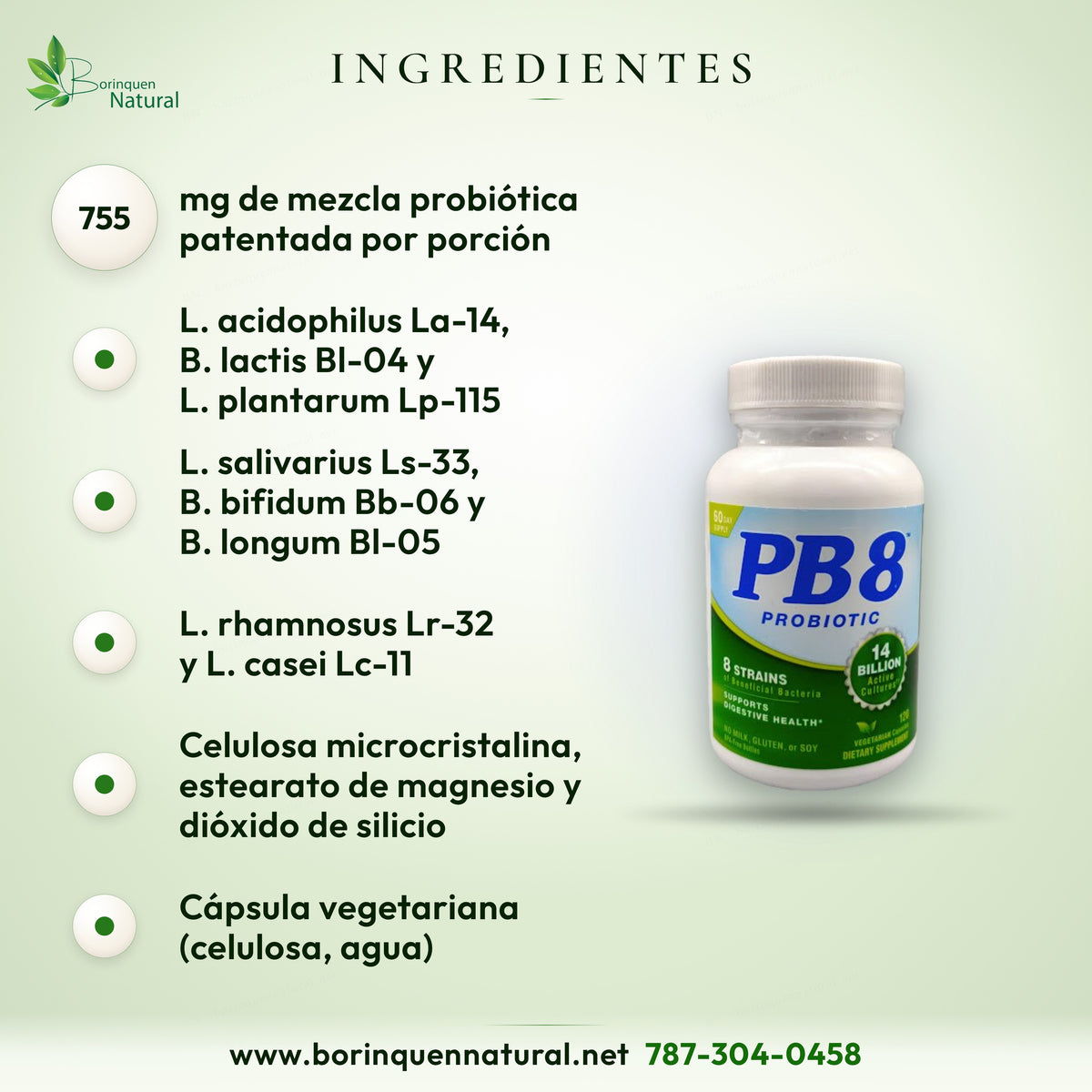 Ingredientes de PB8 Probiotic: 755 mg de mezcla probiótica con 8 cepas de Lactobacillus y Bifidobacterium en cápsula vegetal