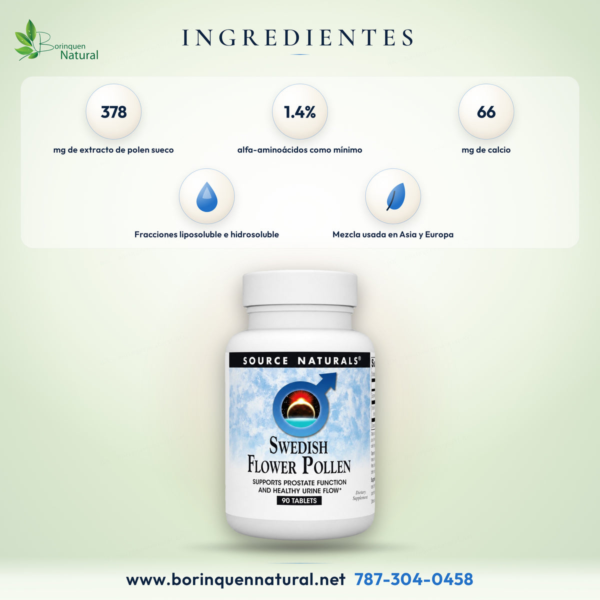 Ingredientes del polen de flores sueco de Source Naturals: extracto estandarizado de polen y calcio