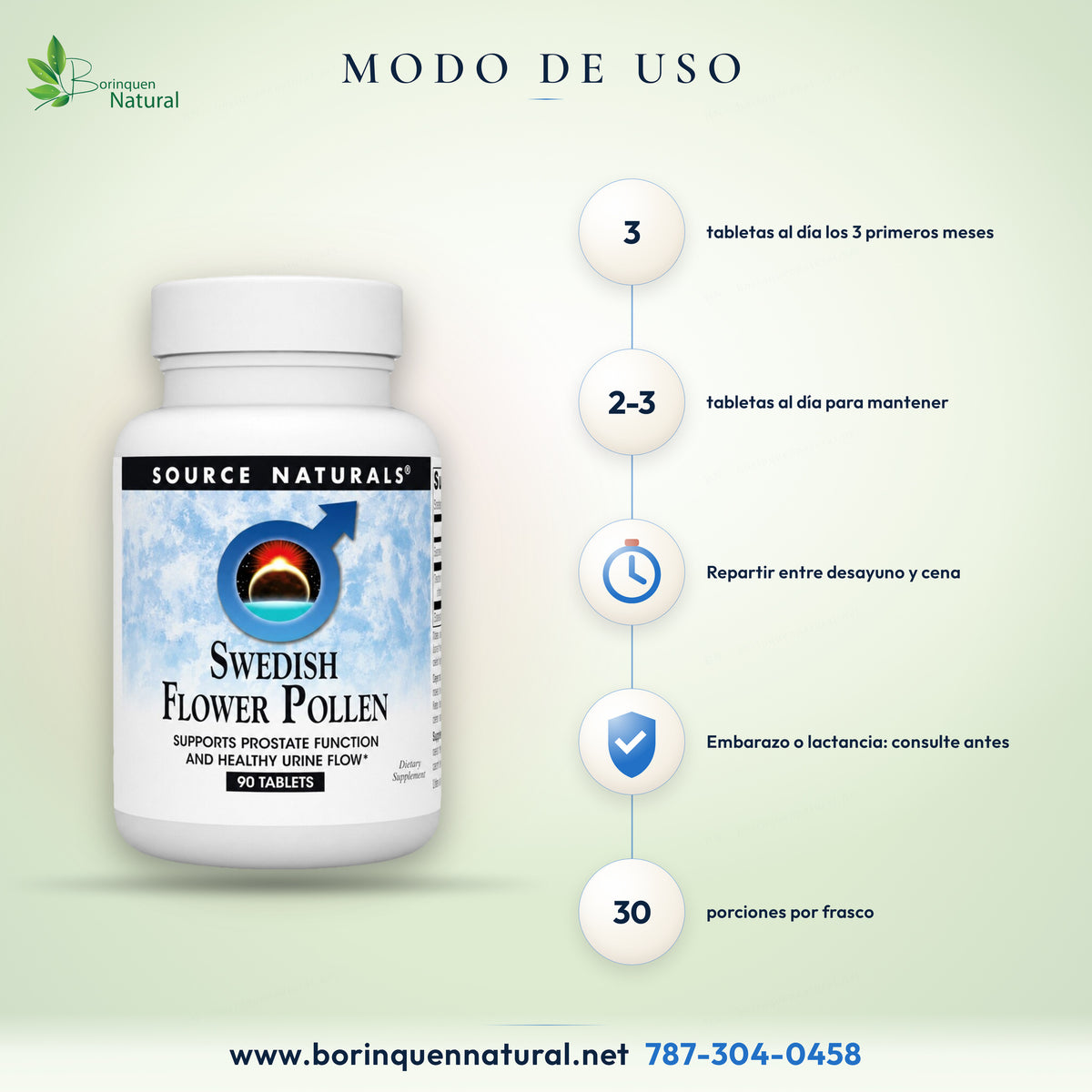 Modo de uso del polen de flores sueco de Source Naturals: 3 tabletas al día los primeros tres meses, luego 2 a 3