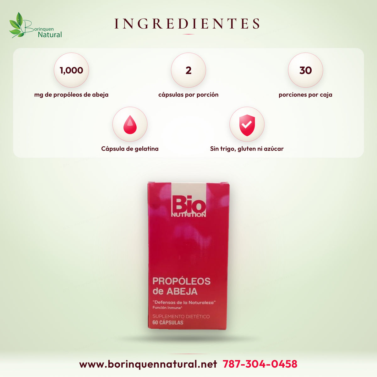 Ingredientes de los Propóleos de Abeja de Bio Nutrition: 1,000 mg de propóleos de abeja por porción de 2 cápsulas de gelatina