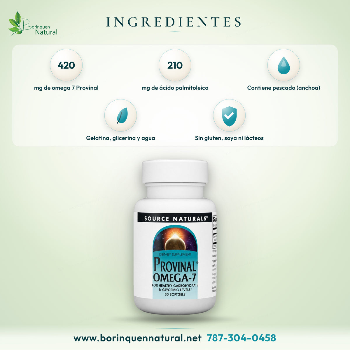 Ingredientes del Provinal Omega-7 de Source Naturals: 420 mg de ácido graso omega 7 de anchoa que aporta 210 mg de ácido palmitoleico