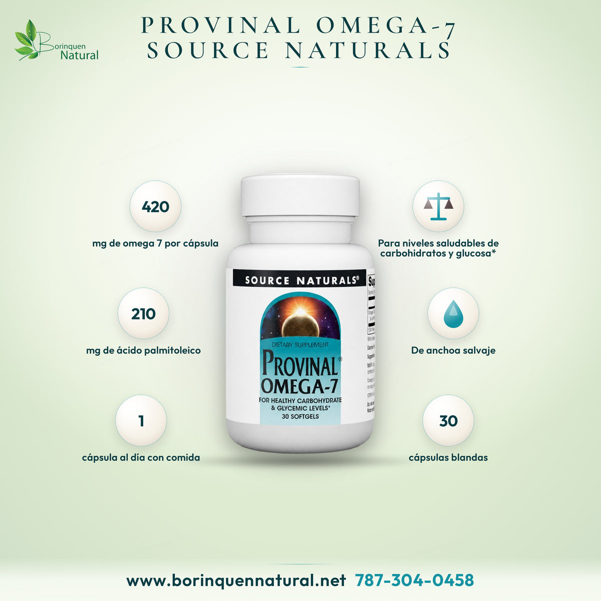 Provinal Omega-7 de Source Naturals, ácido graso omega 7 de anchoa, frasco de 30 cápsulas blandas
