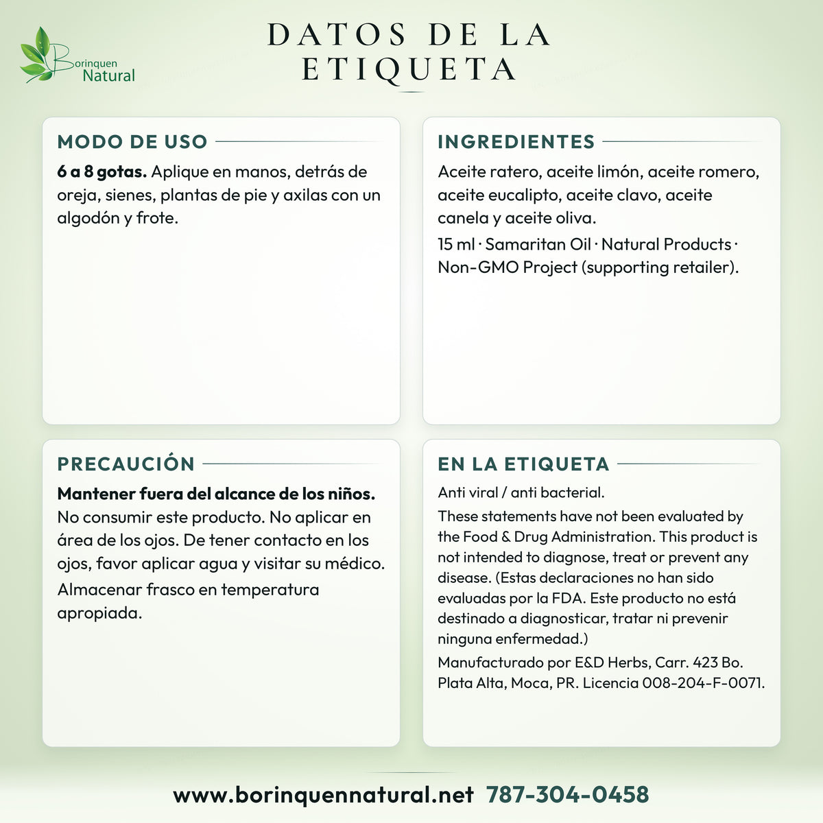 Datos de la etiqueta del Aceite de Ratero de E&D Herbs: modo de uso, ingredientes, precauciones y fabricante