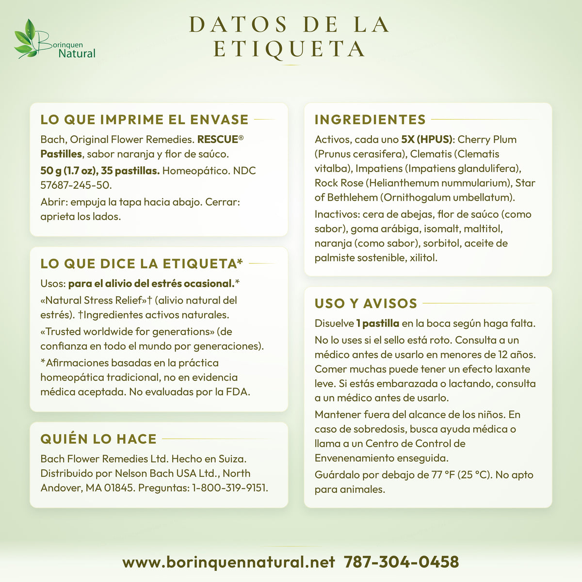 Datos de la etiqueta de Rescue Pastilles de Bach: usos, ingredientes, modo de uso, avisos y descargo homeopático