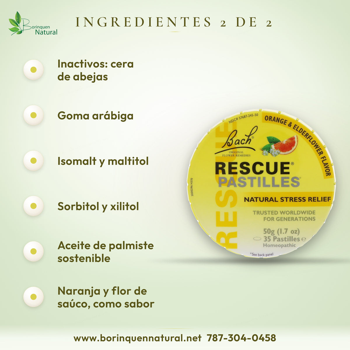 Ingredientes inactivos de Rescue Pastilles (2 de 2): cera de abejas, goma arábiga, isomalt, maltitol, sorbitol y xilitol