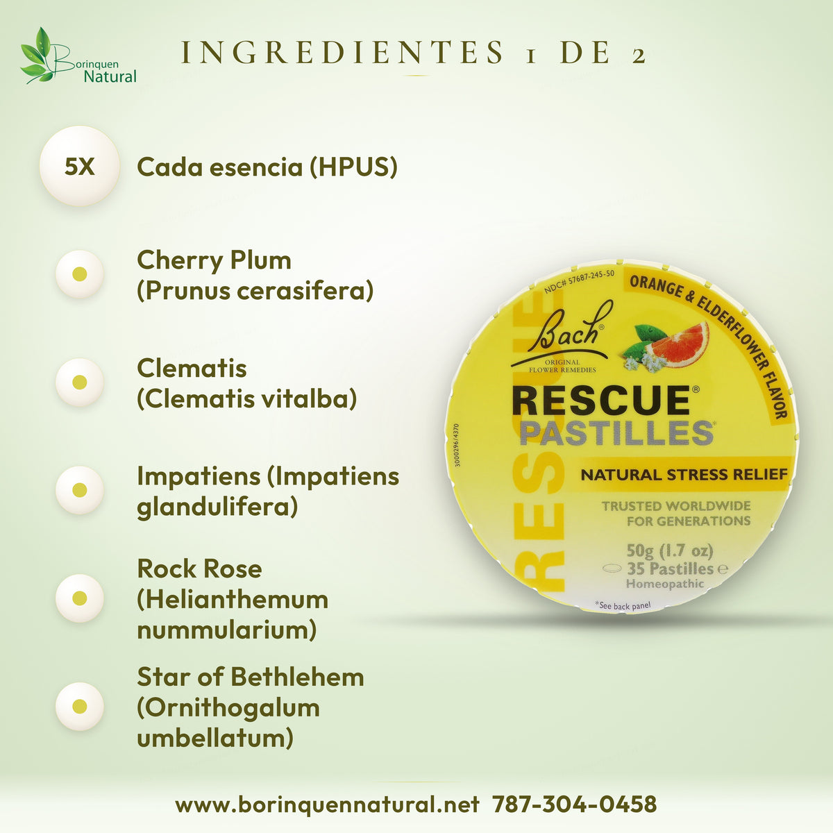 Ingredientes activos de Rescue Pastilles (1 de 2): cherry plum, clematis, impatiens, rock rose y star of Bethlehem, 5X