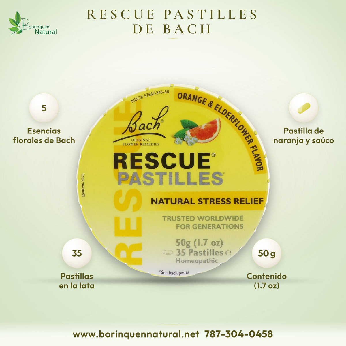 Rescue Pastilles de Bach, sabor naranja y flor de saúco, lata de 50 g con 35 pastillas homeopáticas