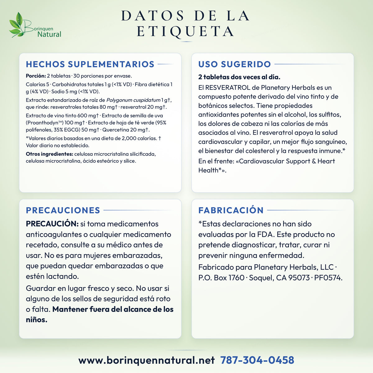 Datos de la etiqueta del Resveratrol de Planetary Herbals: hechos suplementarios, otros ingredientes, uso sugerido, precauciones y descargo de la FDA