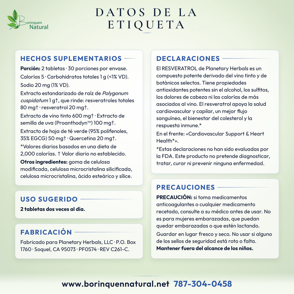 Datos de la etiqueta del Resveratrol de Planetary Herbals: hechos suplementarios, otros ingredientes, uso sugerido, precauciones y descargo de la FDA
