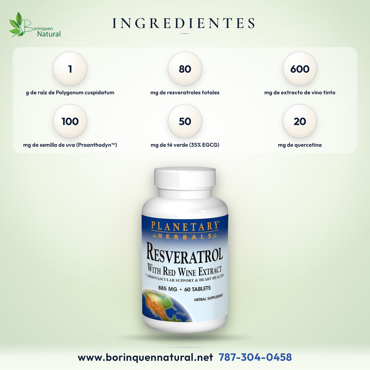 Ingredientes del Resveratrol de Planetary Herbals por porción de 2 tabletas: 1 g de raíz de Polygonum cuspidatum con 80 mg de resveratroles, 600 mg de extracto de vino tinto, 100 mg de semilla de uva, 50 mg de té verde y 20 mg de quercetina