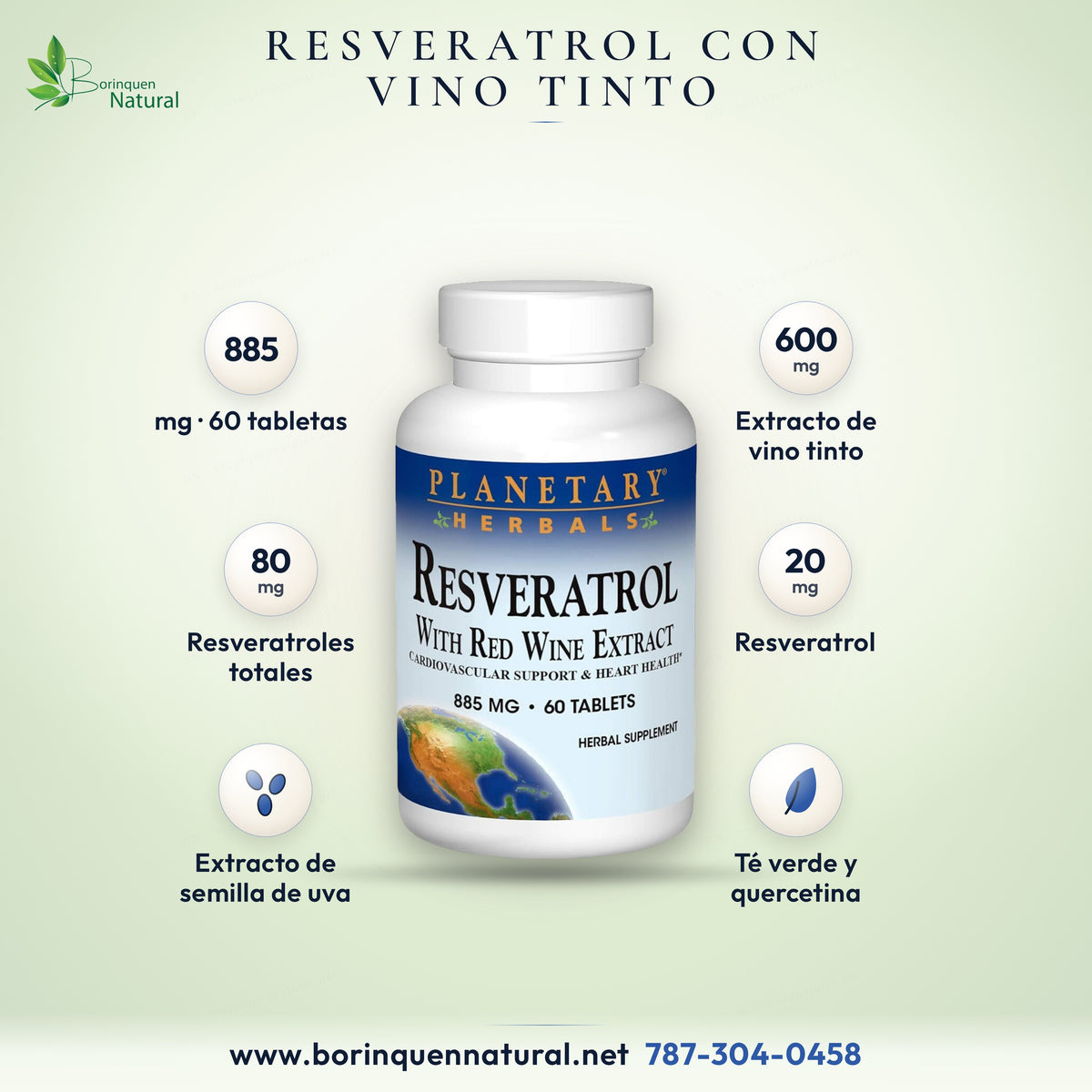 Resveratrol con vino tinto de Planetary Herbals, 885 mg, 60 tabletas, con semilla de uva, té verde y quercetina