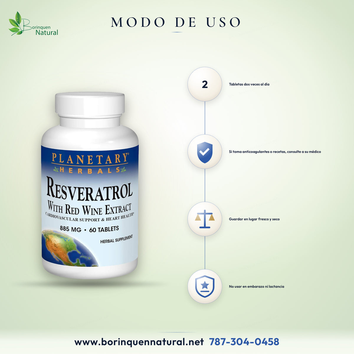 Modo de uso del Resveratrol de Planetary Herbals: 2 tabletas dos veces al día; consultar al médico si toma anticoagulantes o medicamentos recetados