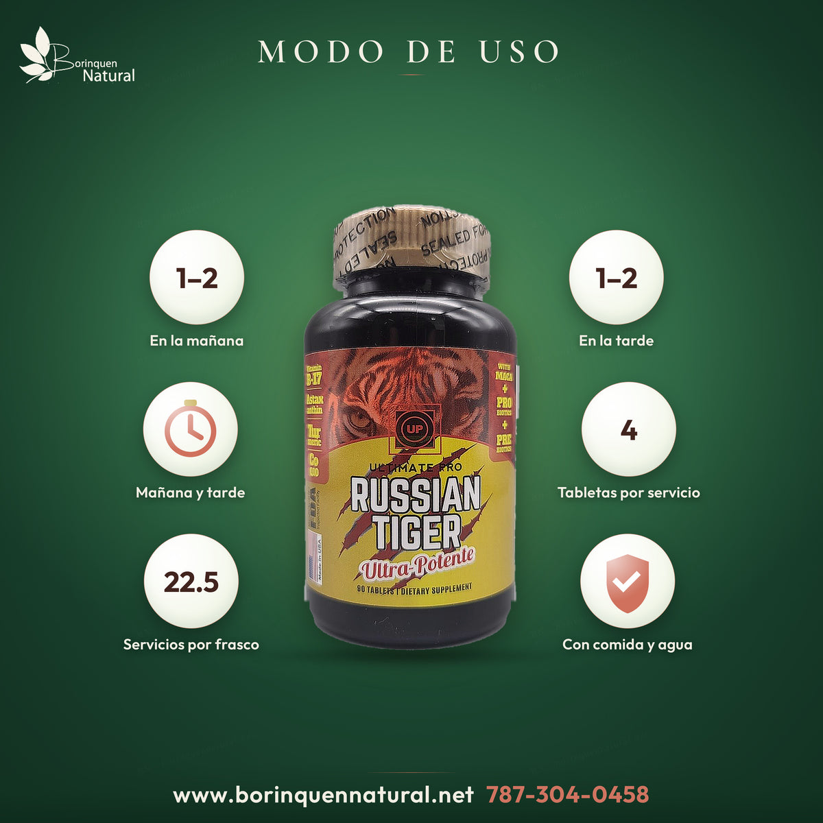Modo de uso del multivitamínico Russian Tiger: 1 o 2 tabletas en la mañana y 1 o 2 en la tarde, con comida