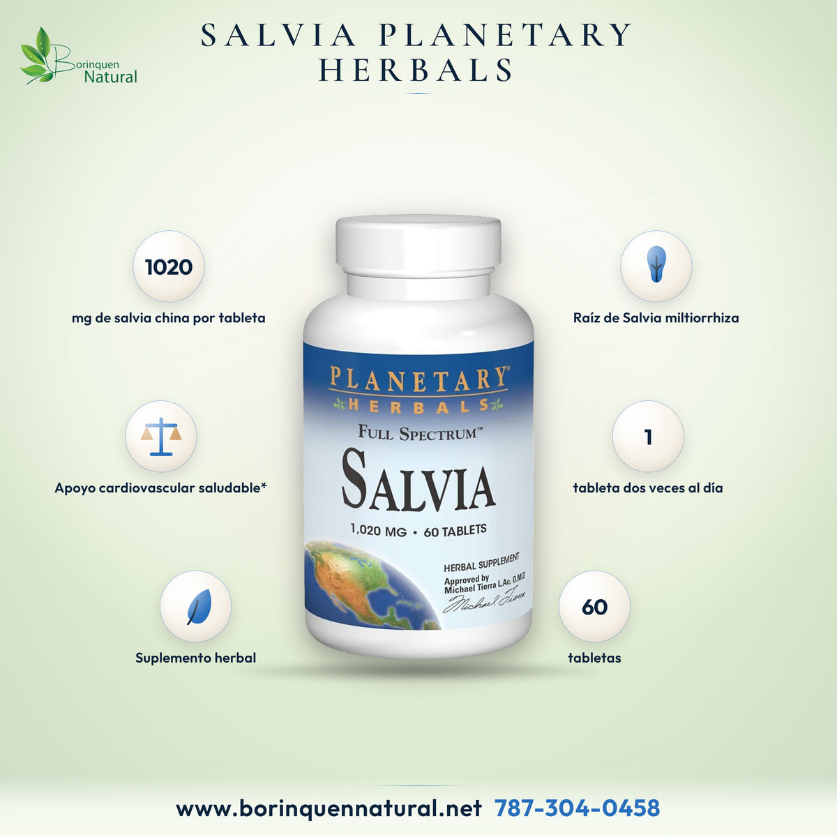 Full Spectrum Salvia de Planetary Herbals, salvia china (Salvia miltiorrhiza) 1,020 mg, suplemento herbal en frasco de 60 tabletas