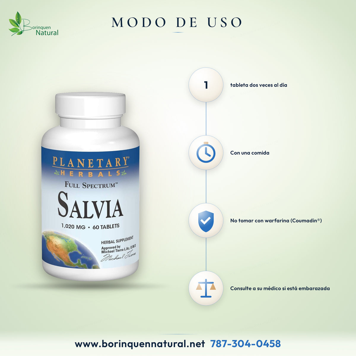 Modo de uso de la Salvia de Planetary Herbals: 1 tableta dos veces al día con una comida; no tomar con warfarina